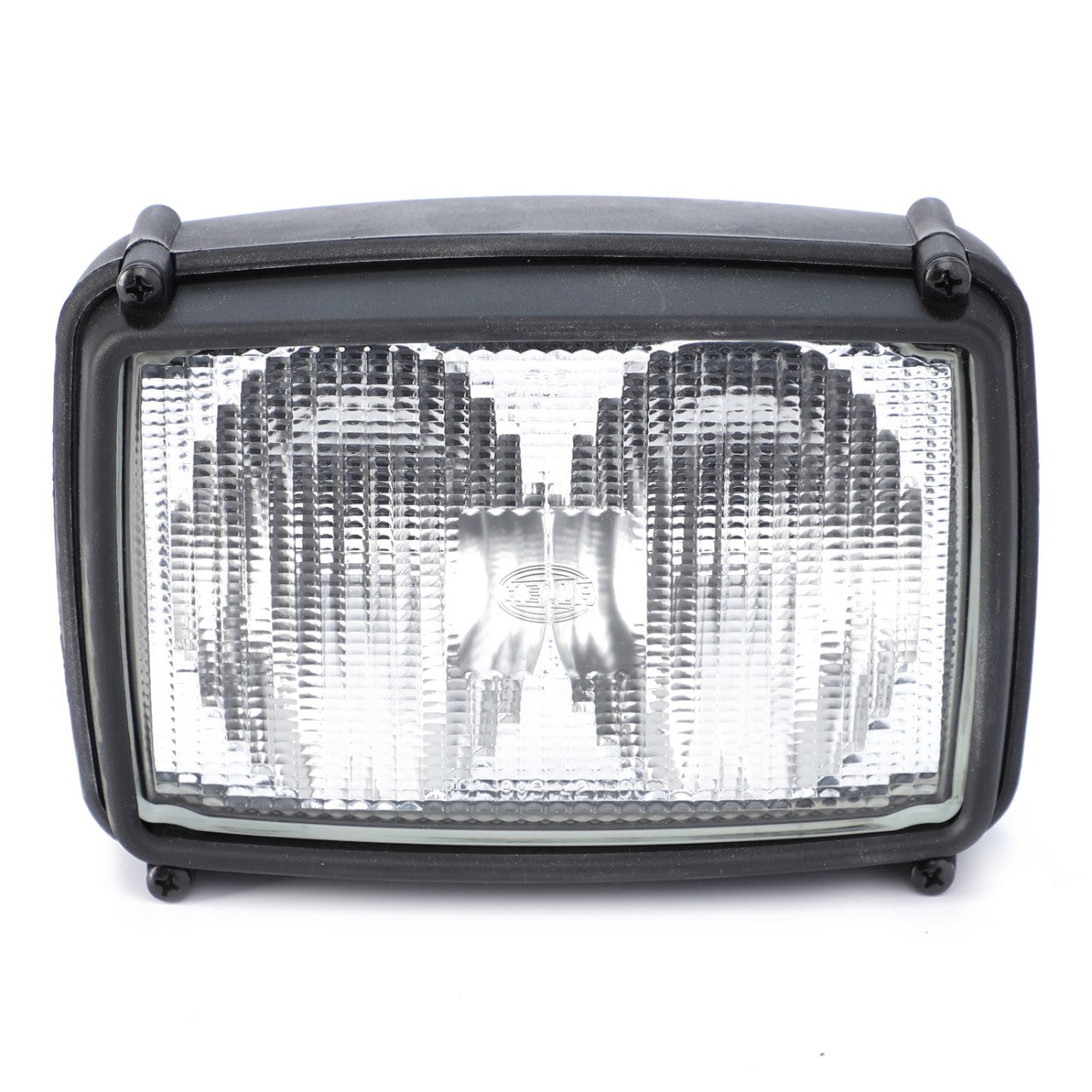 The AGCO Work Light, Bulb 12V 55W - G312900111031 features a rectangular headlight with a black frame and clear, ridged glass covering two reflective lamp chambers, making it ideal for Fendt models.