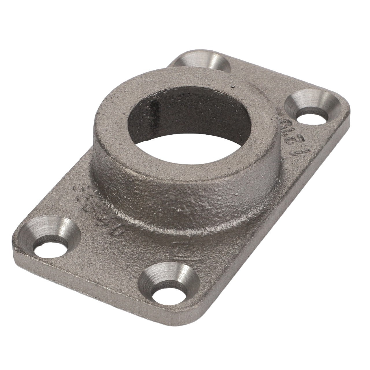 Introducing the AGCO Bearing - D26735996: This metallic flange features a central circular hole and four mounting holes at the corners.