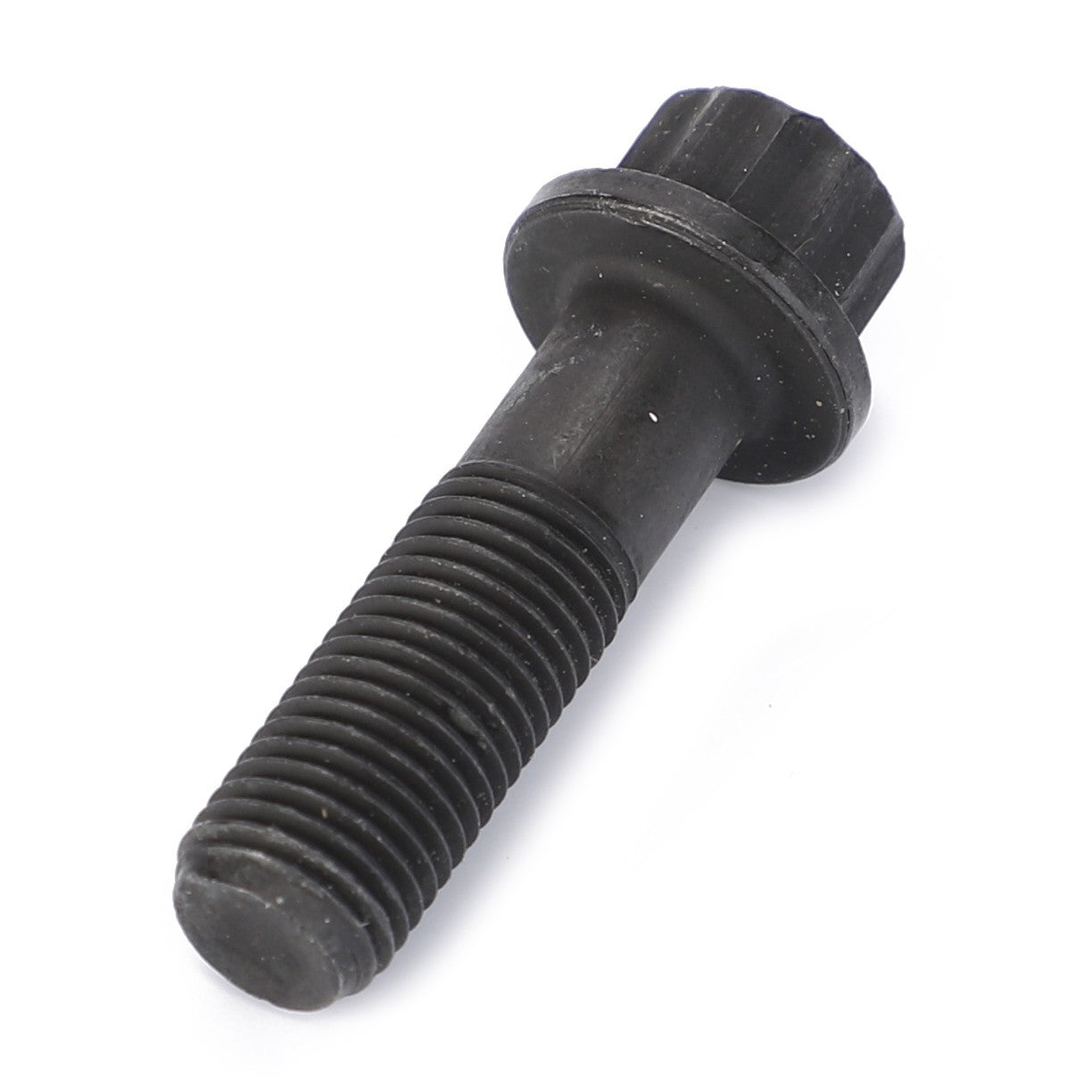 An AGCO Hexagon Flange Bolt (748074M1) with a black metal threaded shaft and a ridged, cylindrical head is placed on a plain white background, perfect for Fendt Fitment.