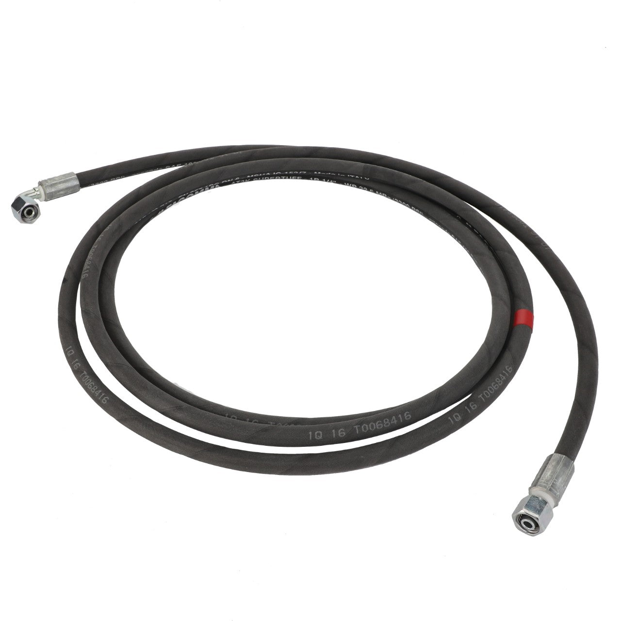 Introducing the AGCO | Hose - Acw0593310, a durable black hydraulic hose featuring coiled design and metal connectors at both ends. Despite the lack of detailed product description available, this hose offers a robust solution for your hydraulic needs.