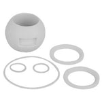 The AGCO | REPAIR KIT - AG058436, a sleek white plastic assembly kit by AGCO, features a spherical container paired with five circular rings of varying sizes, all meticulously arranged.