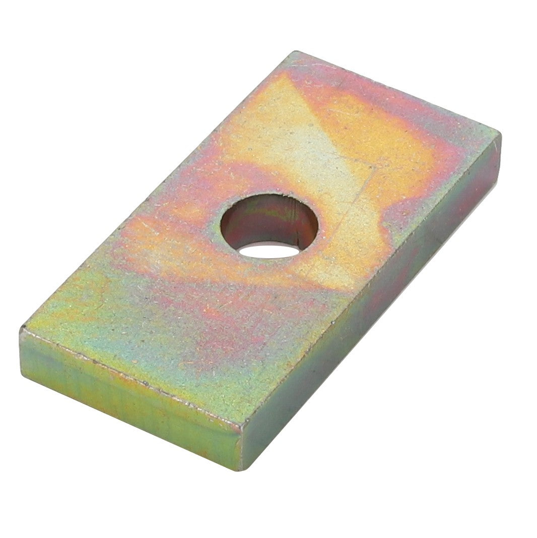 A rectangular metal washer with a central hole featuring a multicolored, slightly iridescent finish from the brand AGCO, specifically the product named AGCO | BRACKET - D25500240. No current product description information available.