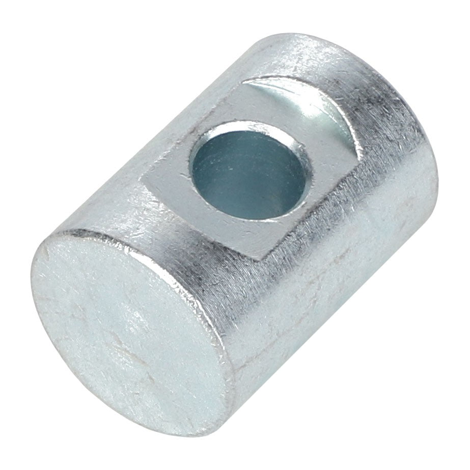 A close-up of the AGCO | PIN - ACP0441870 cylindrical metal piece, featuring a hole through the middle and a flat-edged notch on one side. For more details or inquiries, please contact our support team.