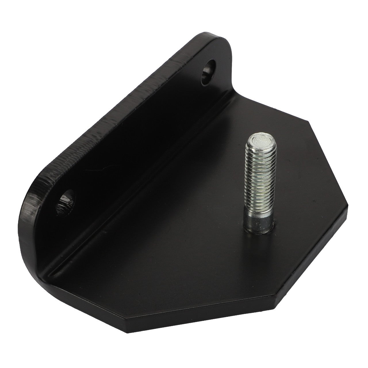 The AGCO | LEFT HAND BRACKET - D28286051 is a black metal bracket with a hexagonal base and one protruding threaded bolt. There is no current product description information available, but the upright section features two visible mounting holes.