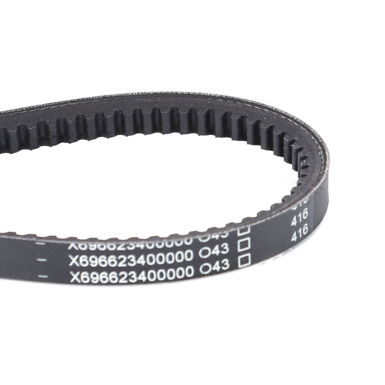 Close-up image of the AGCO V-Belt - X696623400000, a black toothed timing belt with white alphanumeric codes printed on it, ensuring optimal performance.