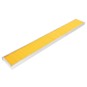 The AGCO CAB FILTER - D28950341 is a narrow, rectangular yellow air filter featuring a metal frame.