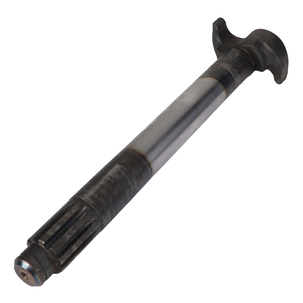 The AGCO right-hand camshaft, model AG725722, is a metal gear shaft featuring a splined end, cylindrical center, and flanged base designed for use in machinery. There is no additional product description information available for this item at the moment.