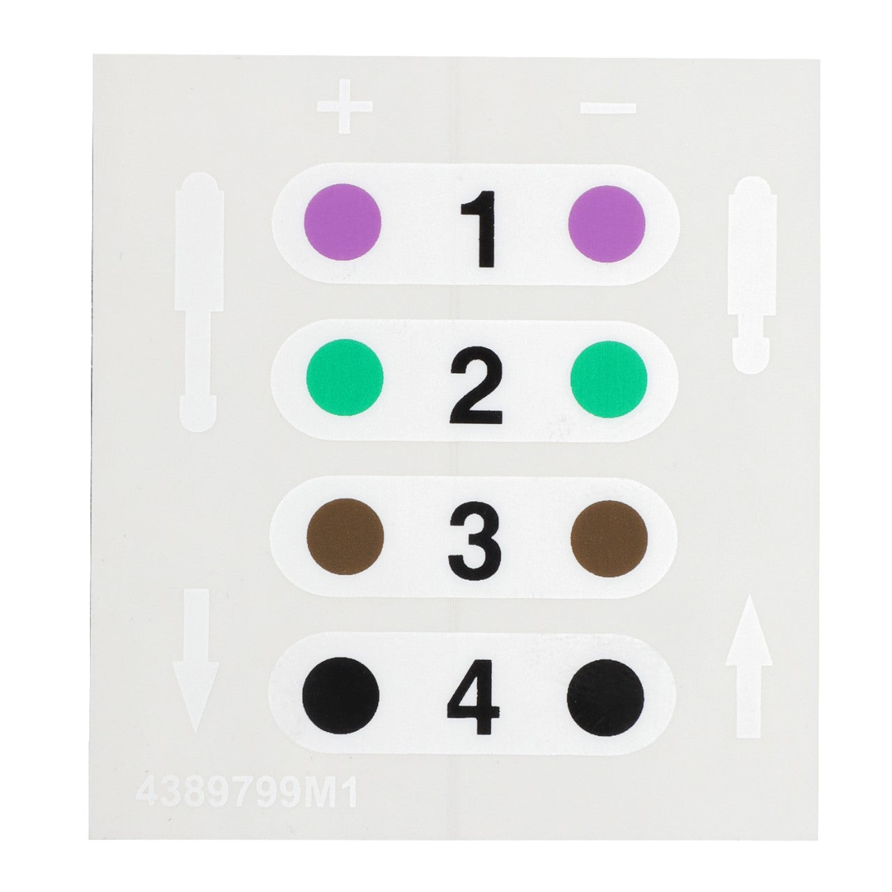 A chart featuring numbers 1 to 4, each paired with differently colored circles—purple for 1, green for 2, brown for 3, and black for 4. At the top, plus and minus symbols are displayed, reminiscent of the AGCO hydraulic controls decal (Product Number: 4389799M1) used in Massey Ferguson Models.