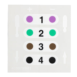 A chart featuring numbers 1 to 4, each paired with differently colored circles—purple for 1, green for 2, brown for 3, and black for 4. At the top, plus and minus symbols are displayed, reminiscent of the AGCO hydraulic controls decal (Product Number: 4389799M1) used in Massey Ferguson Models.