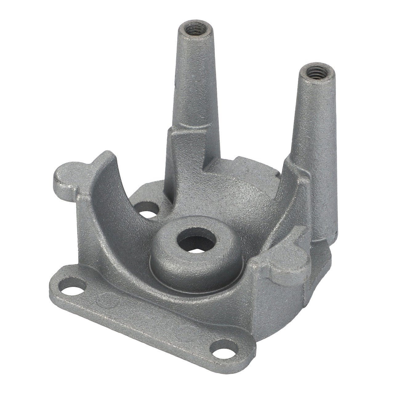 A gray metal automotive part known as the AGCO Bracket - Acw053037B, featuring two vertical cylindrical protrusions and a central circular hole, suitable for use in Massey Ferguson machinery.