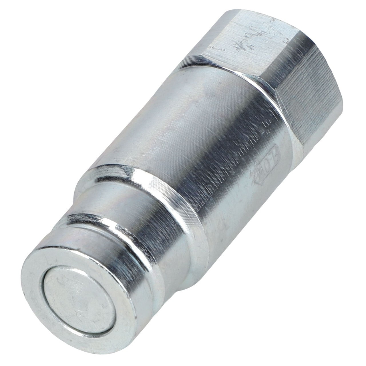 AGCO's MALE COUPLER - AG524491 is a chrome-plated hydraulic quick-release coupler featuring a hexagonal end and cylindrical body, ideal for efficiently connecting hydraulic lines.