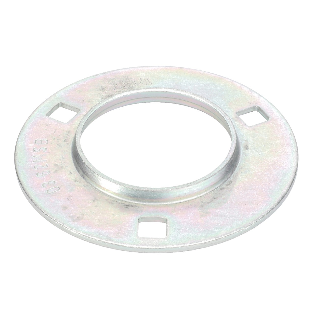 The AGCO Bearing Flange (part number D41708800) is a metallic, circular mounting flange featuring a central hole and four square cutouts arranged around its circumference, designed to be compatible with Massey Ferguson models.