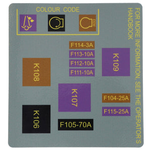 Label with color codes and corresponding part numbers, including purple (K107), dark yellow (K108), brown (F114-3A), gray (F113-10A), and black (K106). Text on the right: "For more information, see the operator's handbook for AGCO | Decal - Acw0360030 by AGCO.