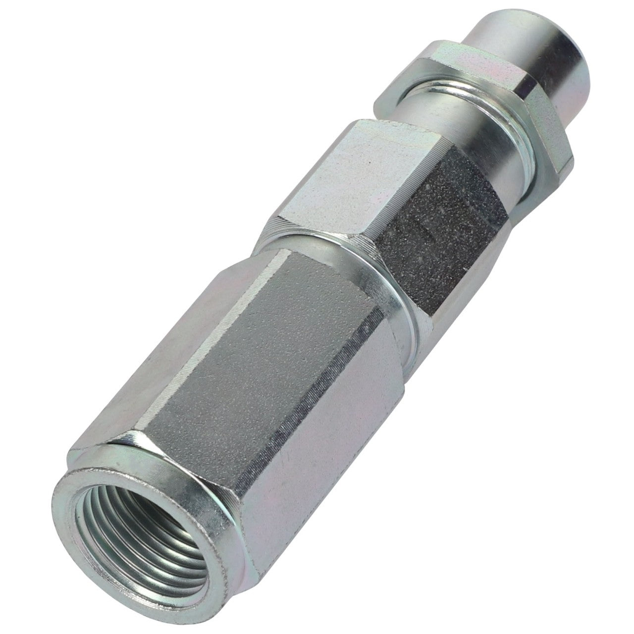 Introducing the AGCO | QUICK COUPLER - AL5045000 by AGCO, a metallic hexagonal threaded connector with a cylindrical end. This coupler is designed for joining pipes or hoses in plumbing or industrial applications, ensuring secure and reliable connections.