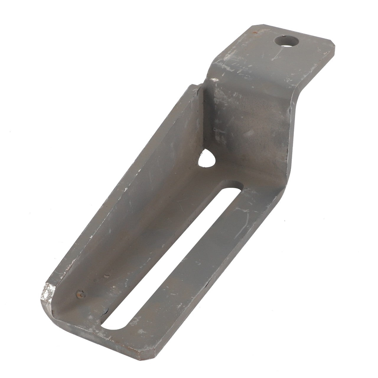 The AGCO | ACTUATOR - D28786870 by AGCO is a metal bracket with a curved profile, featuring one circular hole at one end and a long slot in the center. No current product description information is available.