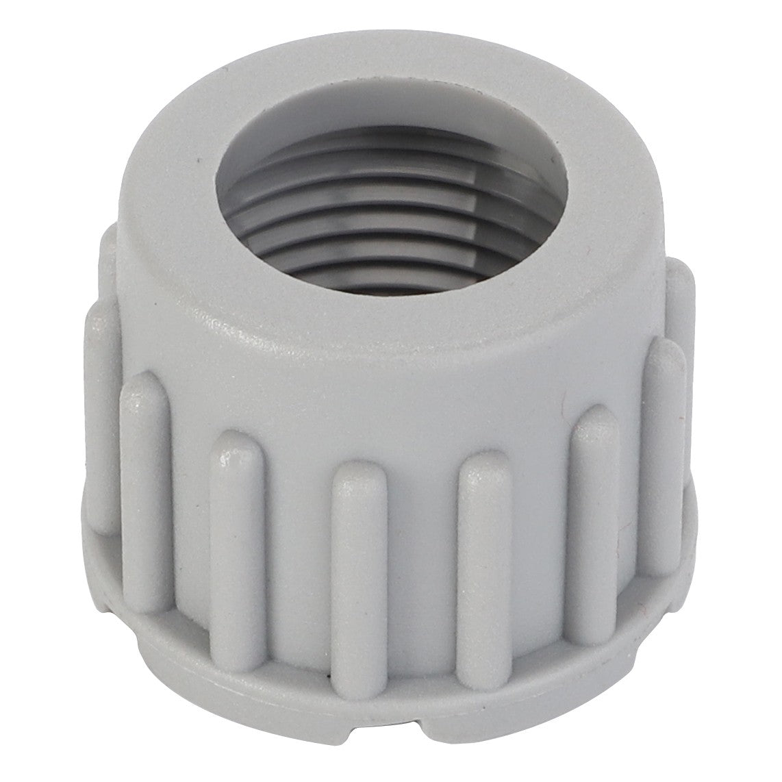 A gray plastic threaded cap with a ribbed outer surface designed for easy gripping, known as the AGCO | Tensioner, Electric Connector - D45020080. No current product description information is available.