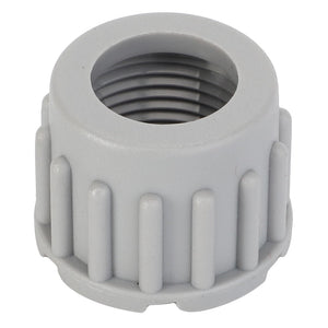 A gray plastic threaded cap with a ribbed outer surface designed for easy gripping, known as the AGCO | Tensioner, Electric Connector - D45020080. No current product description information is available.