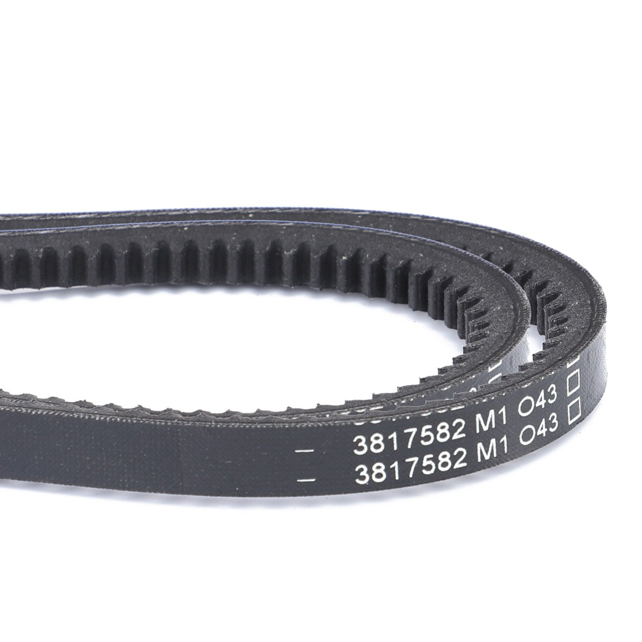 Close-up of a black toothed V-belt featuring white printed numbers and letters "3817582 M1 043" on the outer circumference, meticulously engineered for peak performance in Massey Ferguson models. This belt is sold as a matched pair under the product name AGCO | V-Belt, 3817582M1.