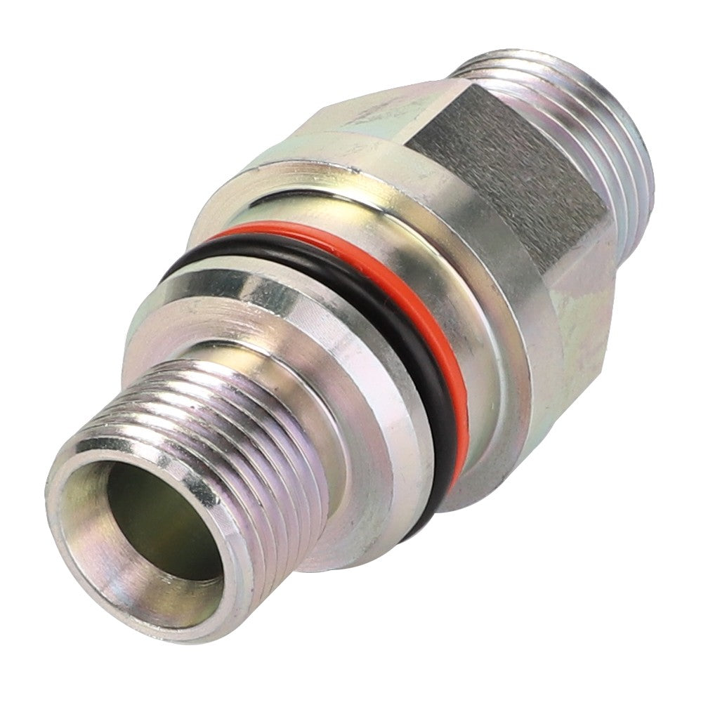 Presenting the AGCO Adapter - Acp0298140, a metal hydraulic fitting from AGCO, equipped with threaded ends and a durable rubber seal ring.