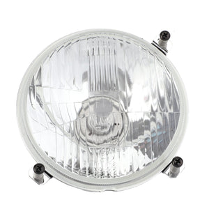 Close-up of an AGCO Genuine Headlight (Part Number 3788221M91), designed for Massey Ferguson models, featuring a round, clear glass headlight with a reflective surface and two screws on either side, isolated on a white background. This left-side dip headlight comes with a 12V 60/55W bulb included.