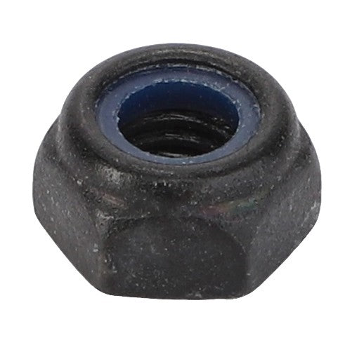 The AGCO Nylock Nut - Acw6056630, a sturdy hexagonal metal fastener, features a striking blue ring on its inner side.