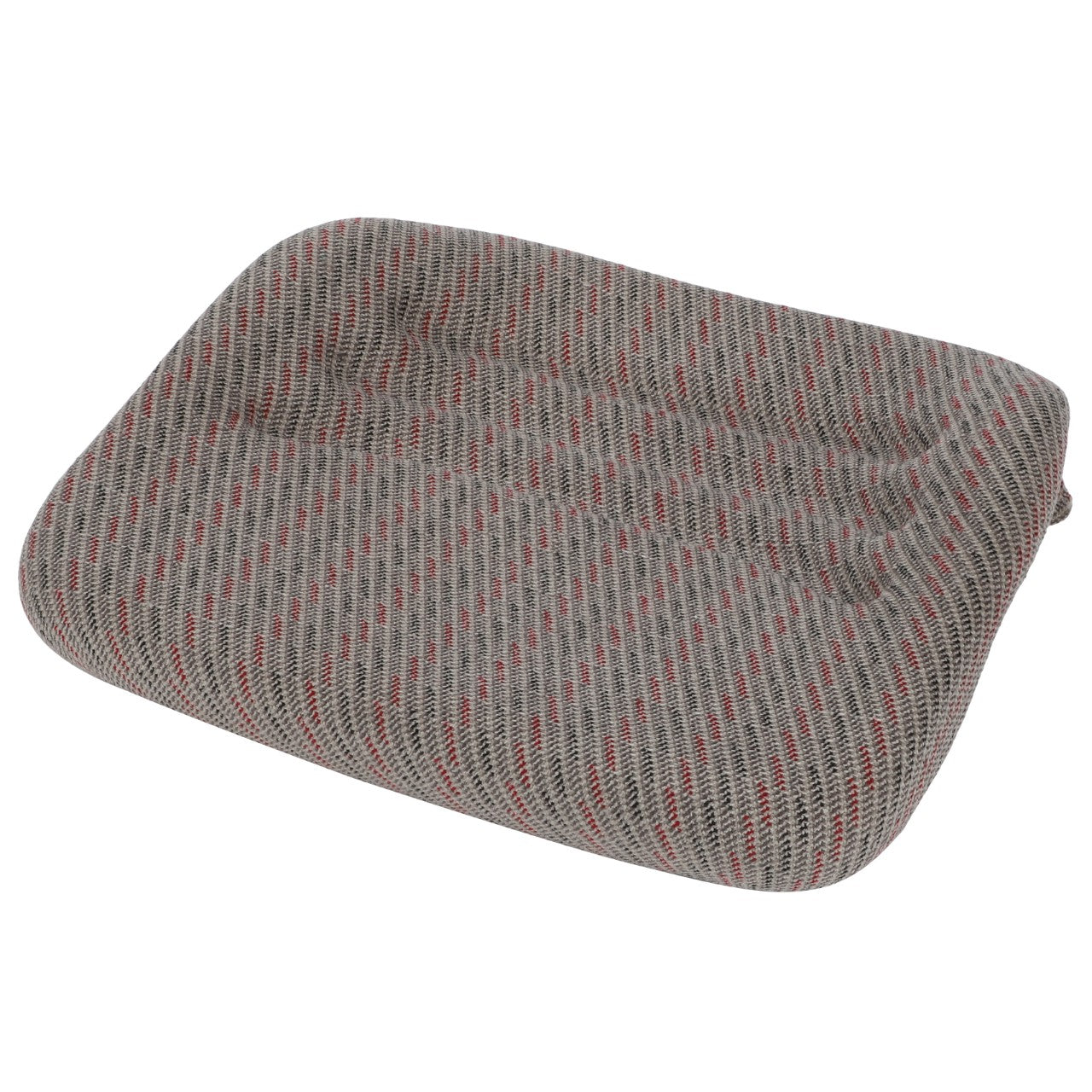 A rectangular, gray cushion called the AGCO | Seat Cushion - F312500031300 by AGCO, featuring a textured fabric surface with a subtle red stripe pattern. No current product description available.