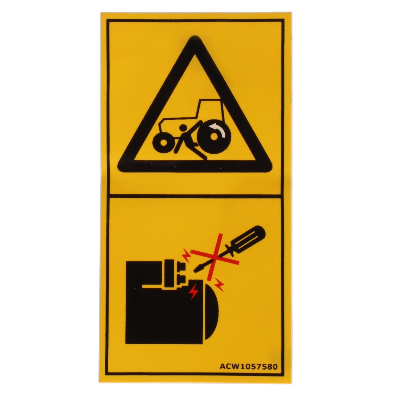 The AGCO | Decal - Acw1057580 from the brand AGCO is a yellow warning sign illustrating a tractor with a person beneath it in the upper section and a screwdriver causing sparks near machinery in the lower section.