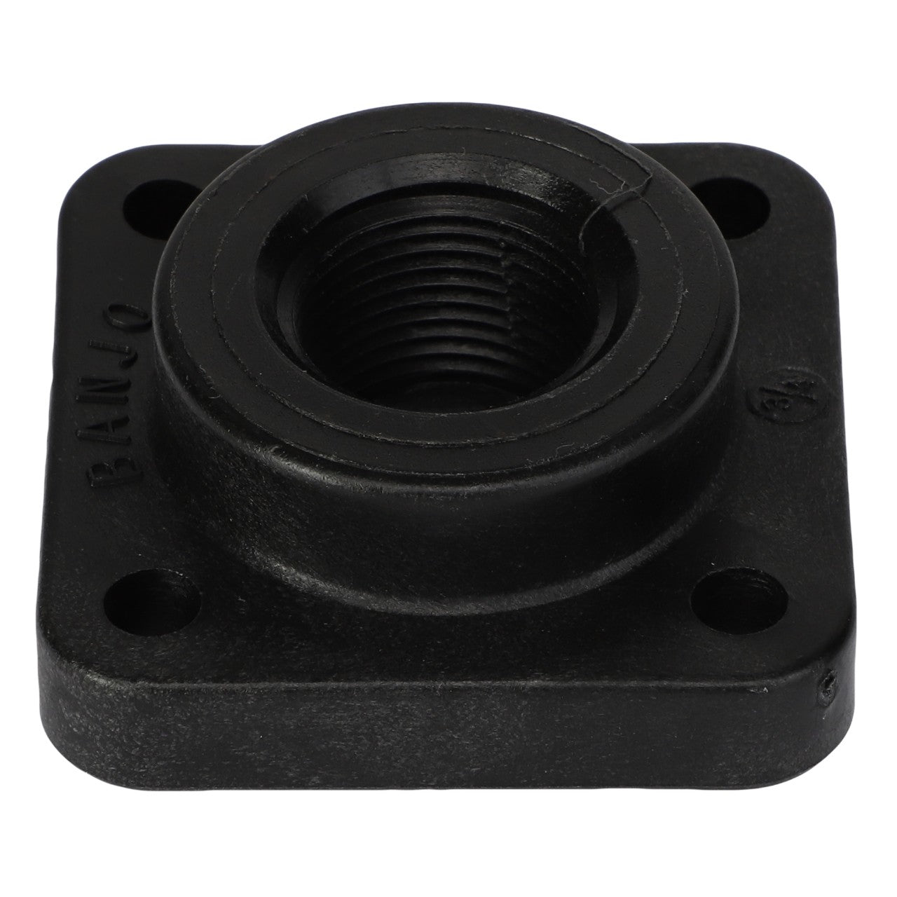 The AGCO End Plate - Ag006563 is a black, square-shaped metal flange featuring a threaded center hole and four mounting holes at the corners.