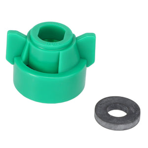 A green AGCO Quick TeeJet Cap for an oval fitting (model ACP0484590) and a separate metal washer are displayed against a white background. For more information about this product, please contact our support team.