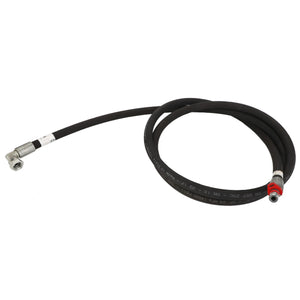 Product Description: The AGCO HOSE - AL9032530 by AGCO is a coiled black hydraulic hose equipped with metal connectors at both ends, featuring one angled connector and one straight. No further information is needed to appreciate the durability and reliability of this essential component.