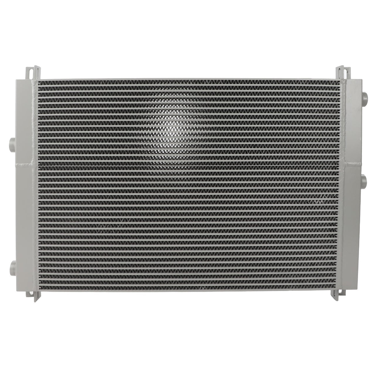 Image of the AGCO OIL COOLER - D28785651, an industrial heat exchanger with metal fins and pipes on the sides. The internal structure is visible, showing rows of finely spaced metal fins. Product by AGCO.