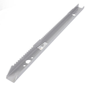 This AGCO Chain Feeder Slat, Left (product code: D28285407), is a long gray metal rail featuring serrated edges, a central label, multiple holes, and a v-shaped end, meticulously designed for peak efficiency.