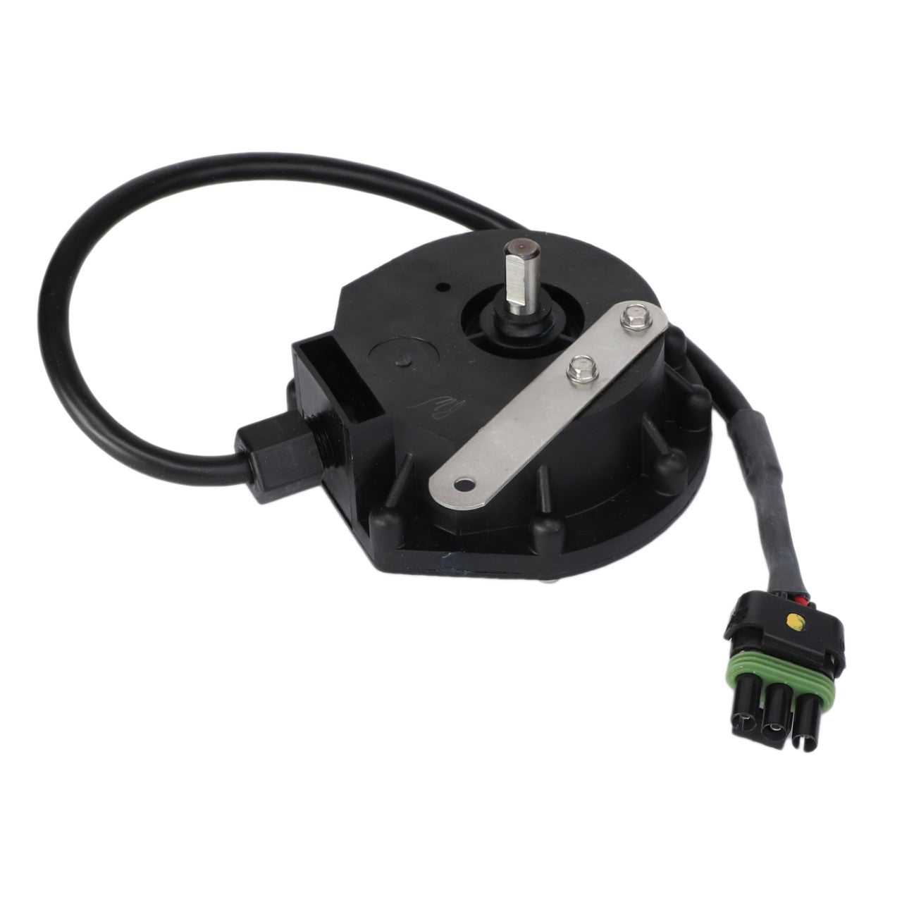 The AGCO | ENCODER - AG334542 is a sleek black circular electronic component featuring an attached cable and connector, perfect for your tech needs.