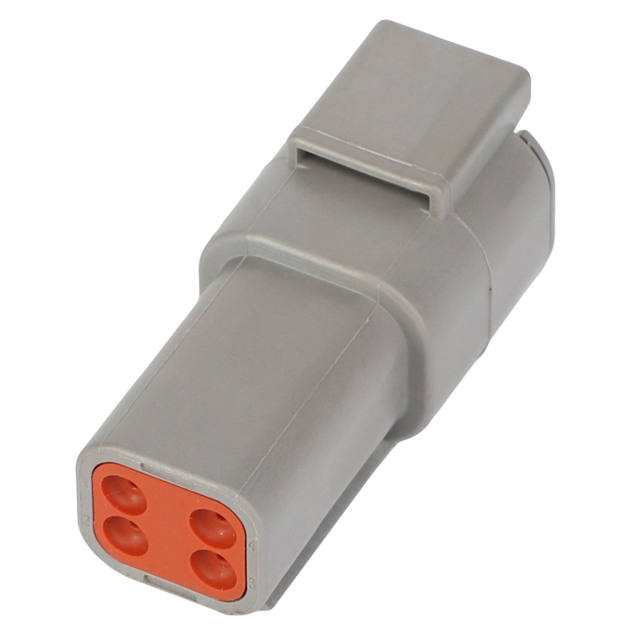 A gray electrical connector with four orange ports, identified as the AGCO | CONNECTOR PLUG - AG523787, brand AGCO, with no additional information available.