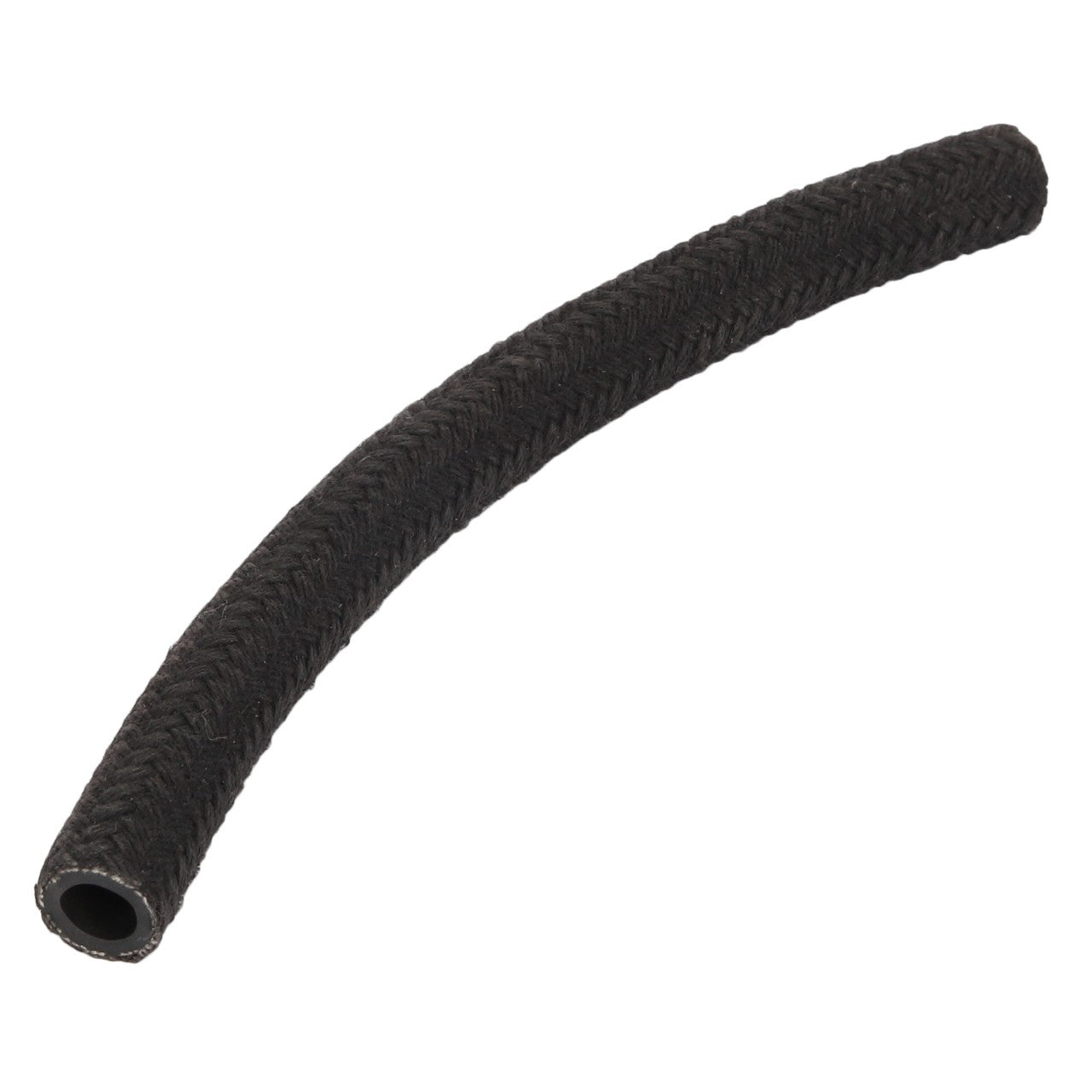 A black, flexible, braided hose branded AGCO (Product Name: AGCO | HOSE - D28980949) is depicted against a white background. With no current product description available, this cylindrical hose is slightly curved, adding an element of intrigue.