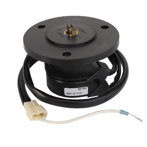 An AGCO SWITCH - ACY1560940 black electric motor features a round base and an attached black cable. The cable includes a white connector and an additional wire with a blue terminal. The motor is labeled with the date "May 12 17 07." Currently, there is no additional product description information available.