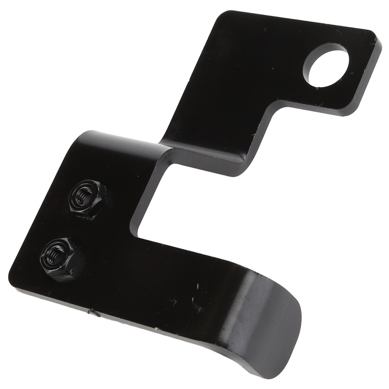 The AGCO | Bracket - Acw2487770 is a black metal mounting bracket featuring a hook-like shape with two screws and a hole for attachment.