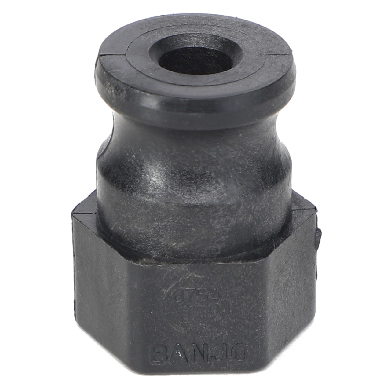 A black plastic hexagonal adapter featuring a cylindrical top and a central hole, marked with the text "BANJO." For more information or assistance, please refer to the product description of AGCO | ADAPTER FITTING - AG000760 or contact our support team.