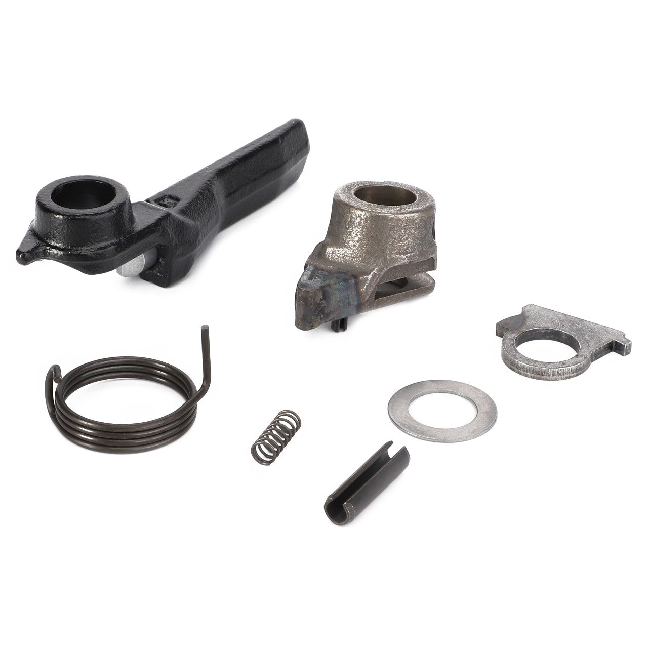 Introducing the AGCO Lever, Automatic Clevis, Trailer Hitch - F816500070030 repair kit featuring essential linkage components, including a black lever, a metallic bracket, a coiled spring, a small spring, a washer, and a metallic clip.