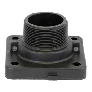 The AGCO | END PLATE - AG133732 is a black plastic threaded pipe fitting featuring a square base with four mounting holes. No current product description information is available.