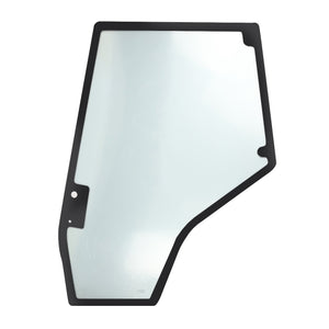 The AGCO Parts Genuine Glass, Left (550 mm) - 4272770M1, is a slightly tinted automotive glass window featuring a black border and a small circular hole near one edge. This rectangular pane has an angled cut on one corner, specifically designed to enhance machinery visibility protection and reduce the risk of repairs.