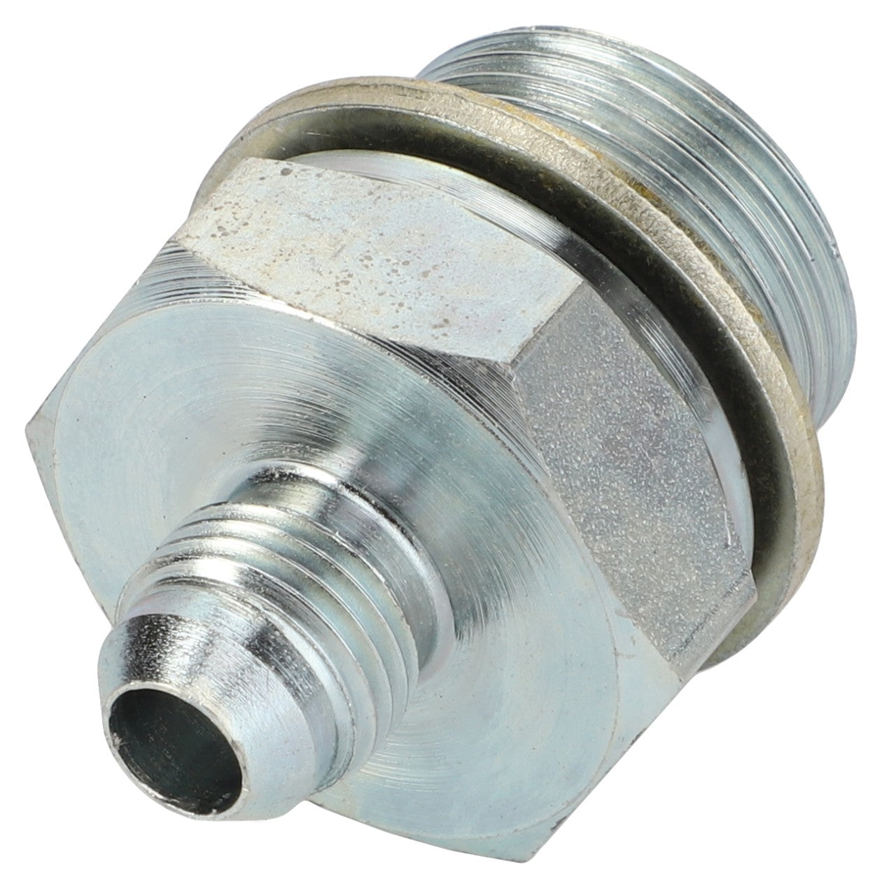 A close-up image of the AGCO | ADAPTER - AL5028092, a metal threaded pipe fitting complete with a hexagonal nut and a gasket washer, reveals essential details; however, there is no current product description available.