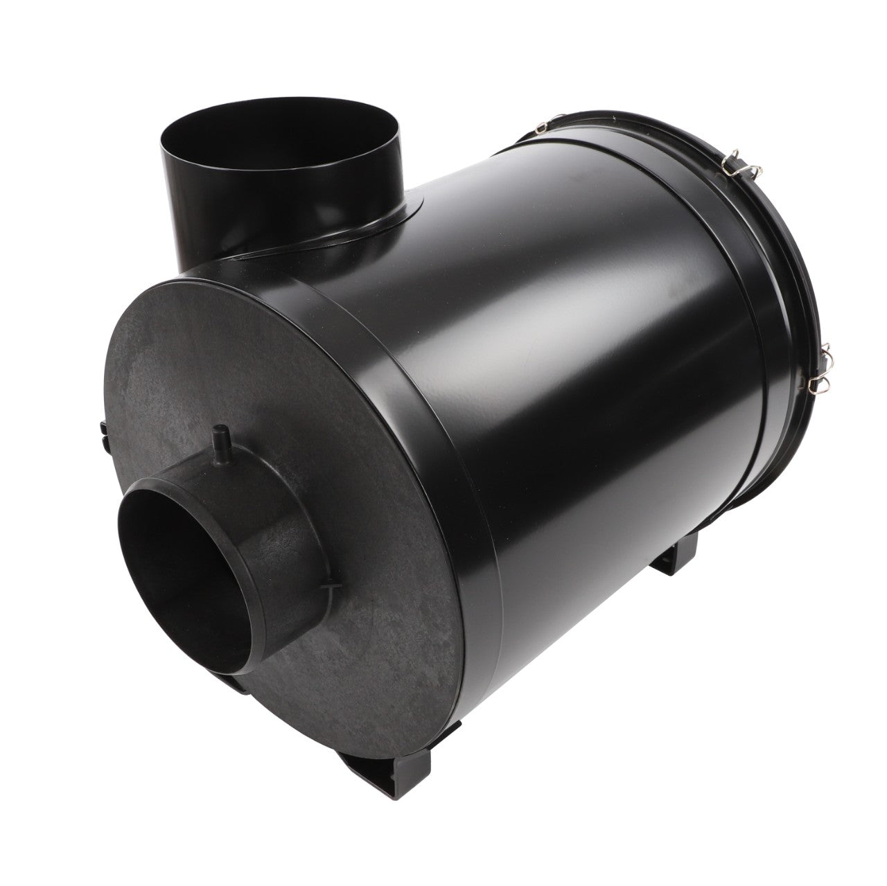 The AGCO | Air Filter - Acw200829A by AGCO is a sleek black cylindrical industrial filter featuring two round openings and secure clamp closures on the sides.