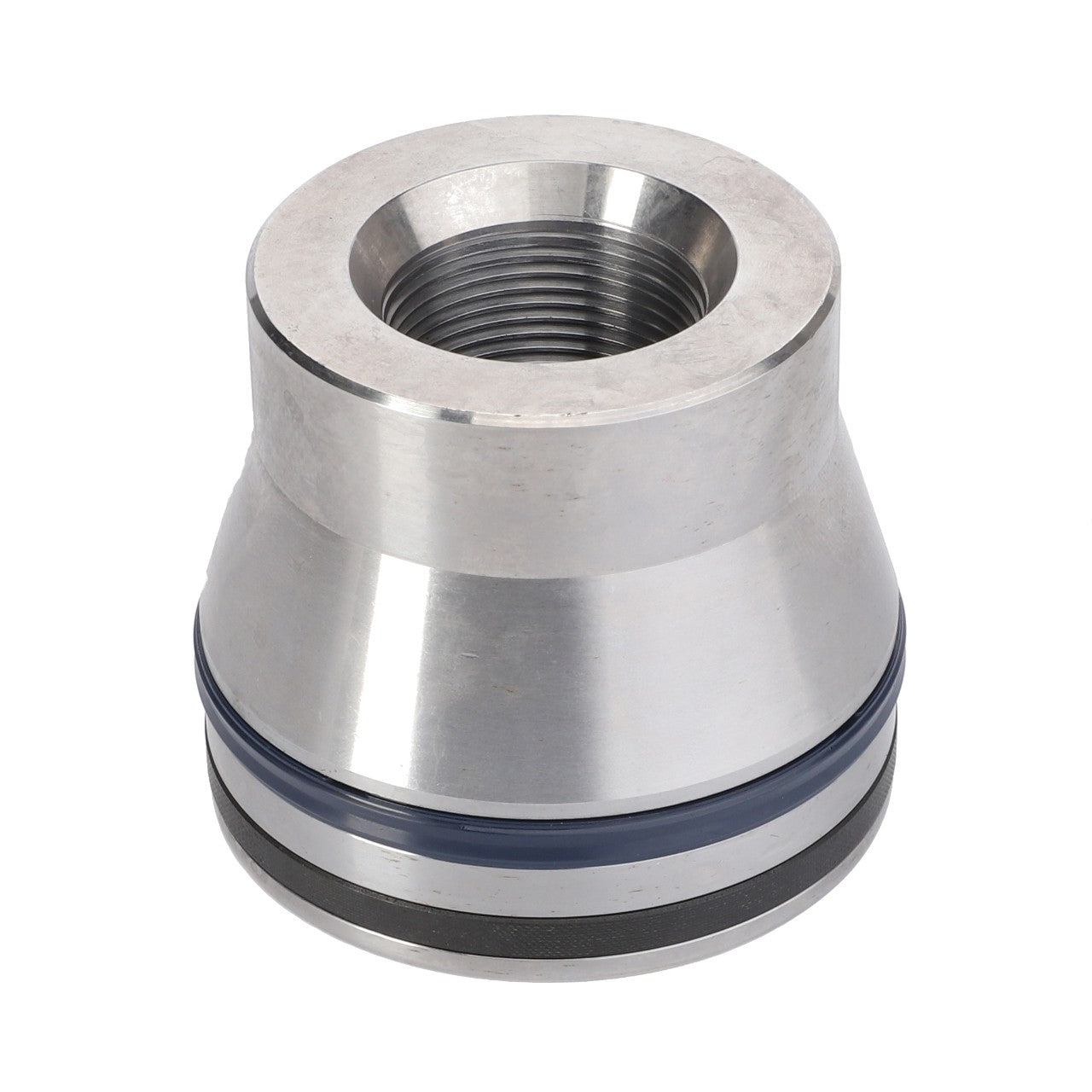 The AGCO PISTON - AL12708012 is a metallic threaded coupler adapter with a conical shape and features a durable rubber seal ring near the base.