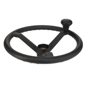 Discover the AGCO | WARNING DECAL - ACP0538740, a sleek and stylish black metal handwheel with a circular design, featuring a central threaded hole and an ergonomic knob for comfortable grip—ideal for precise mechanical operations.