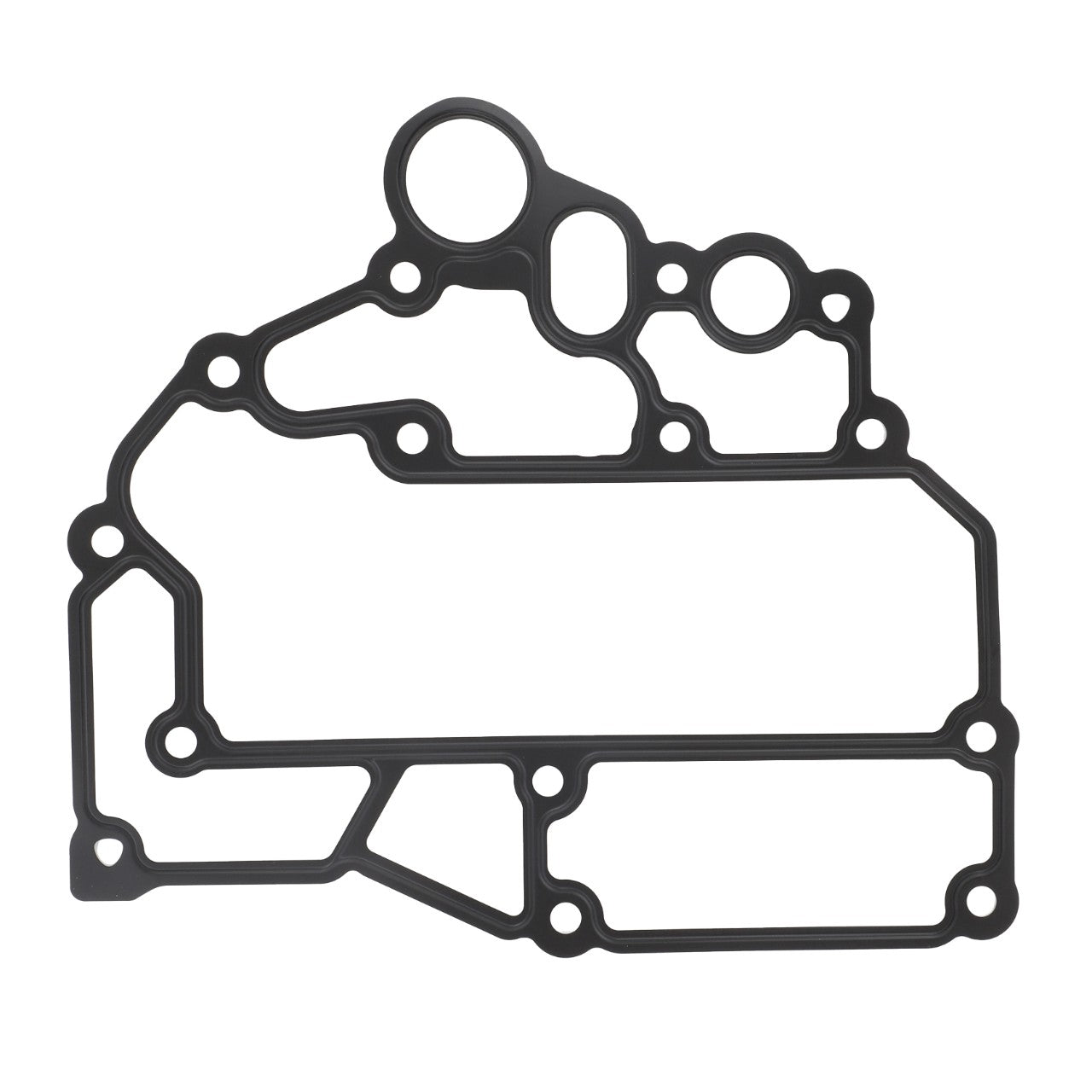 No current product description is available for the AGCO Gasket - Acp0411280, a black gasket designed for an engine, featuring multiple cutouts and holes to fit specific machinery components.