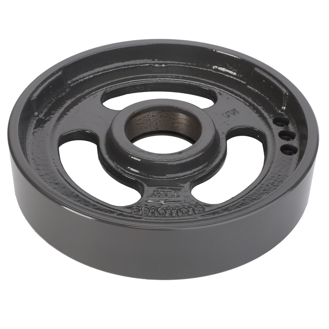 The AGCO Idler Pulley - La300133410 is a black metal pulley featuring three circular cutouts and a central hole. Currently, no additional product description is available.