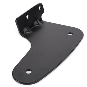 The AGCO | Holder - 842900110040 is a black metal bracket with three holes, designed for mounting purposes. It features a flat base with an elevated, curved end and is a sturdy component compatible with agricultural machinery brands like Massey Ferguson.