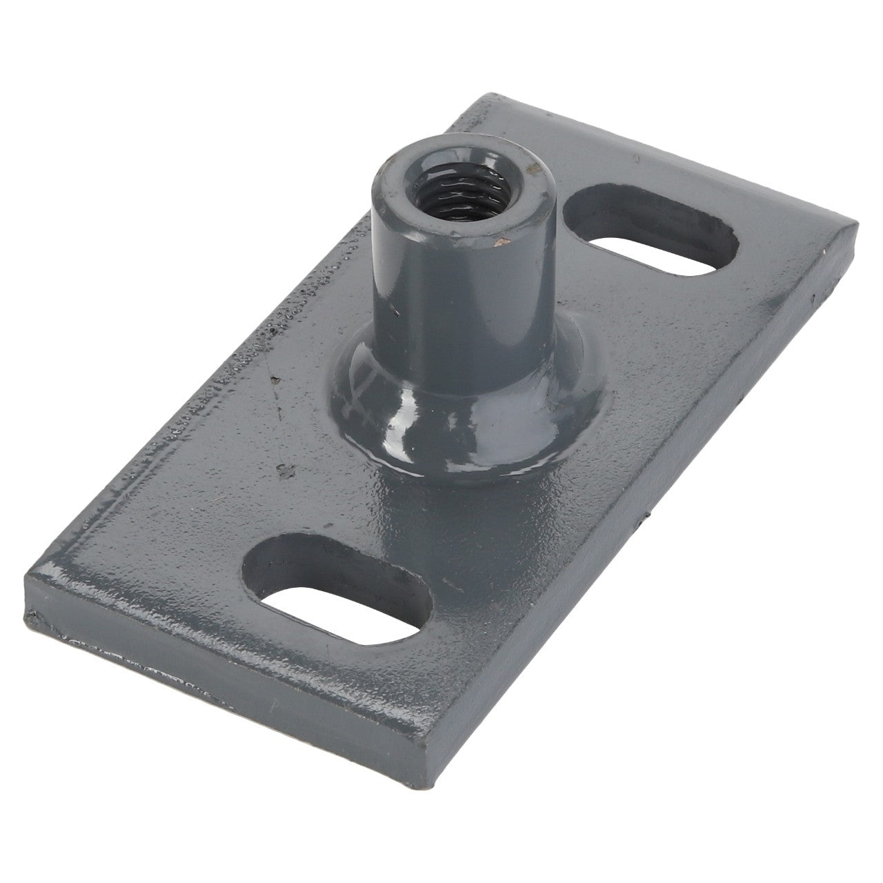 The AGCO | SPRING - D28880502 features a metal rectangular base with rounded corners and two holes at each end. It also includes a central cylindrical threaded extension for fastening. There is no available information regarding its origin.