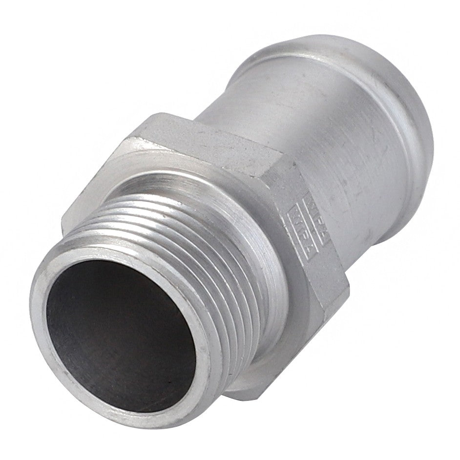 The AGCO Hose Barb - Acp0359620 is a sturdy silver metal pipe connector with both threaded and non-threaded ends, perfect for plumbing or industrial applications.